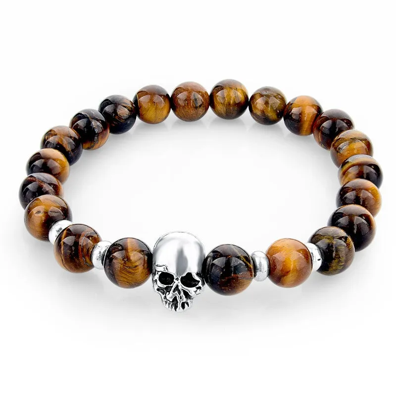 Natural Stone Beads Silver Skull Bracelets For Men Women Male Tiger Eye Casual Jewelry