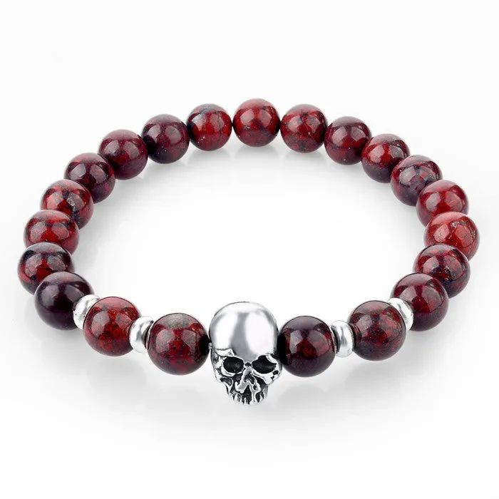 Natural Stone Beads Silver Skull Bracelets For Men Women Male Tiger Eye Casual Jewelry