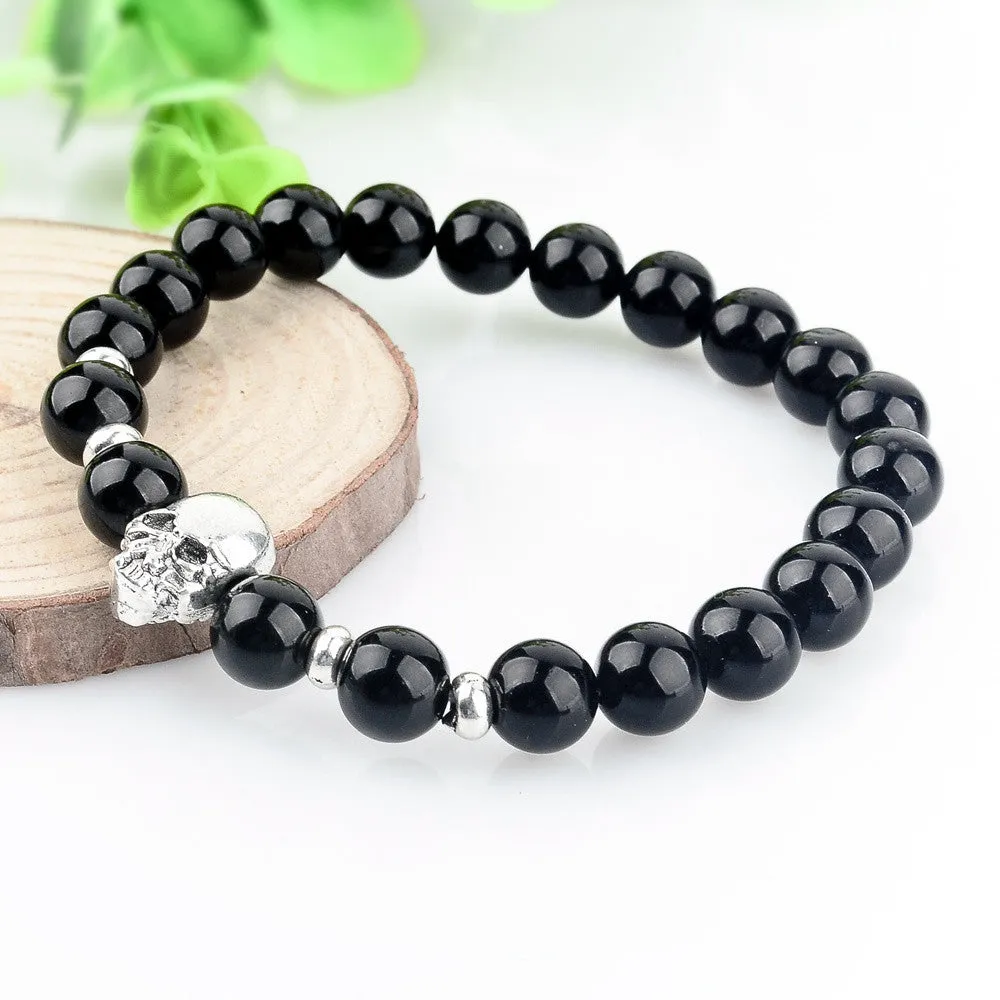 Natural Stone Beads Silver Skull Bracelets For Men Women Male Tiger Eye Casual Jewelry