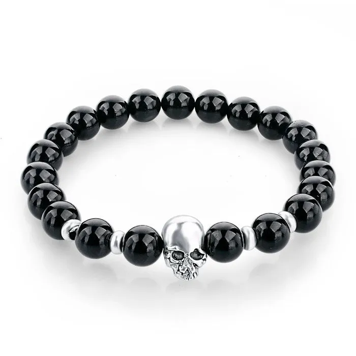 Natural Stone Beads Silver Skull Bracelets For Men Women Male Tiger Eye Casual Jewelry