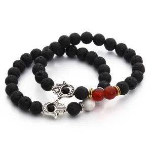 Nature Black Lava Beaded Bracelet Energy Stone Bracelet Hamsa Hand Bangle Charm Yoga Mala Bracelets