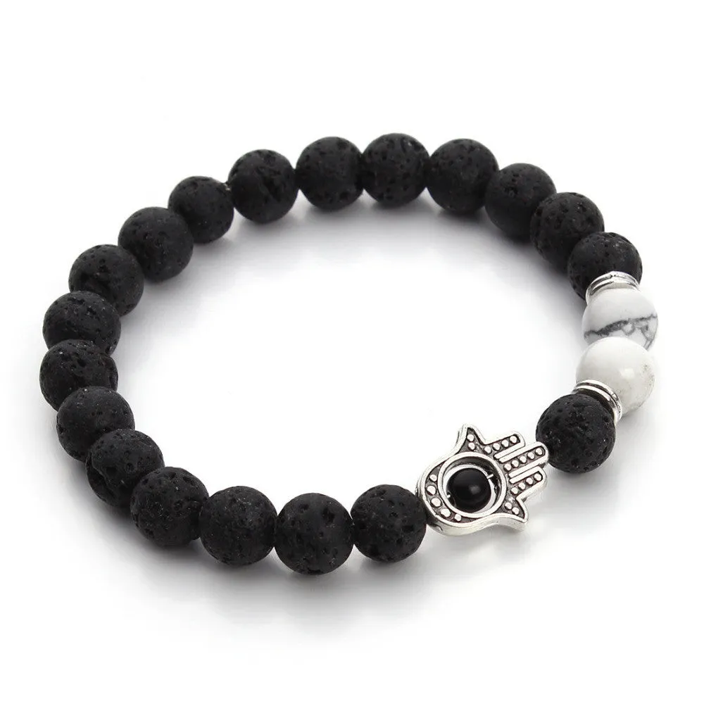 Nature Black Lava Beaded Bracelet Energy Stone Bracelet Hamsa Hand Bangle Charm Yoga Mala Bracelets