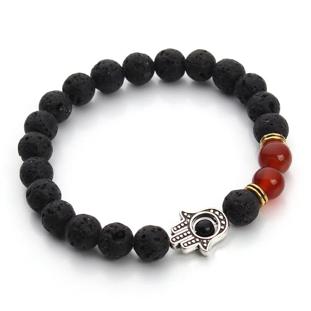 Nature Black Lava Beaded Bracelet Energy Stone Bracelet Hamsa Hand Bangle Charm Yoga Mala Bracelets