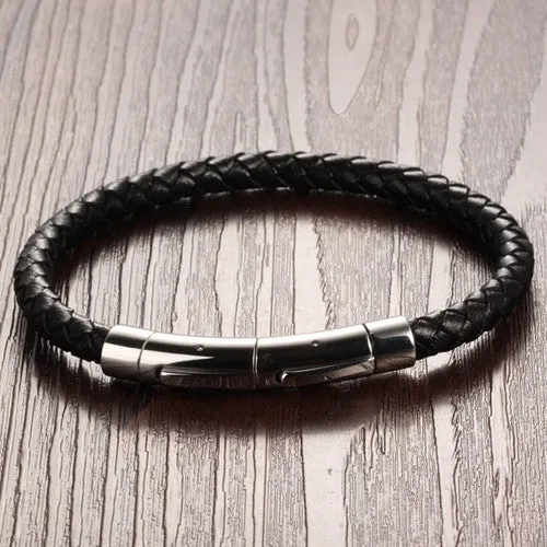 New Fashion Popular Jewelry Mens Stainless Steel Black Leather Bracelets Man Hand Chain Vintage Bangles