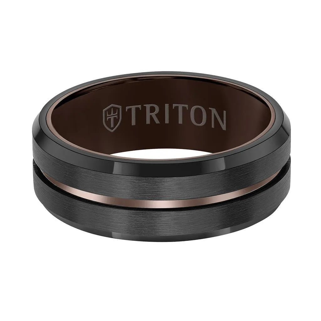 OREN 8MM Brown and Black Tungsten Carbide Comfort Fit Ring - Satin Finish Center with Center Line