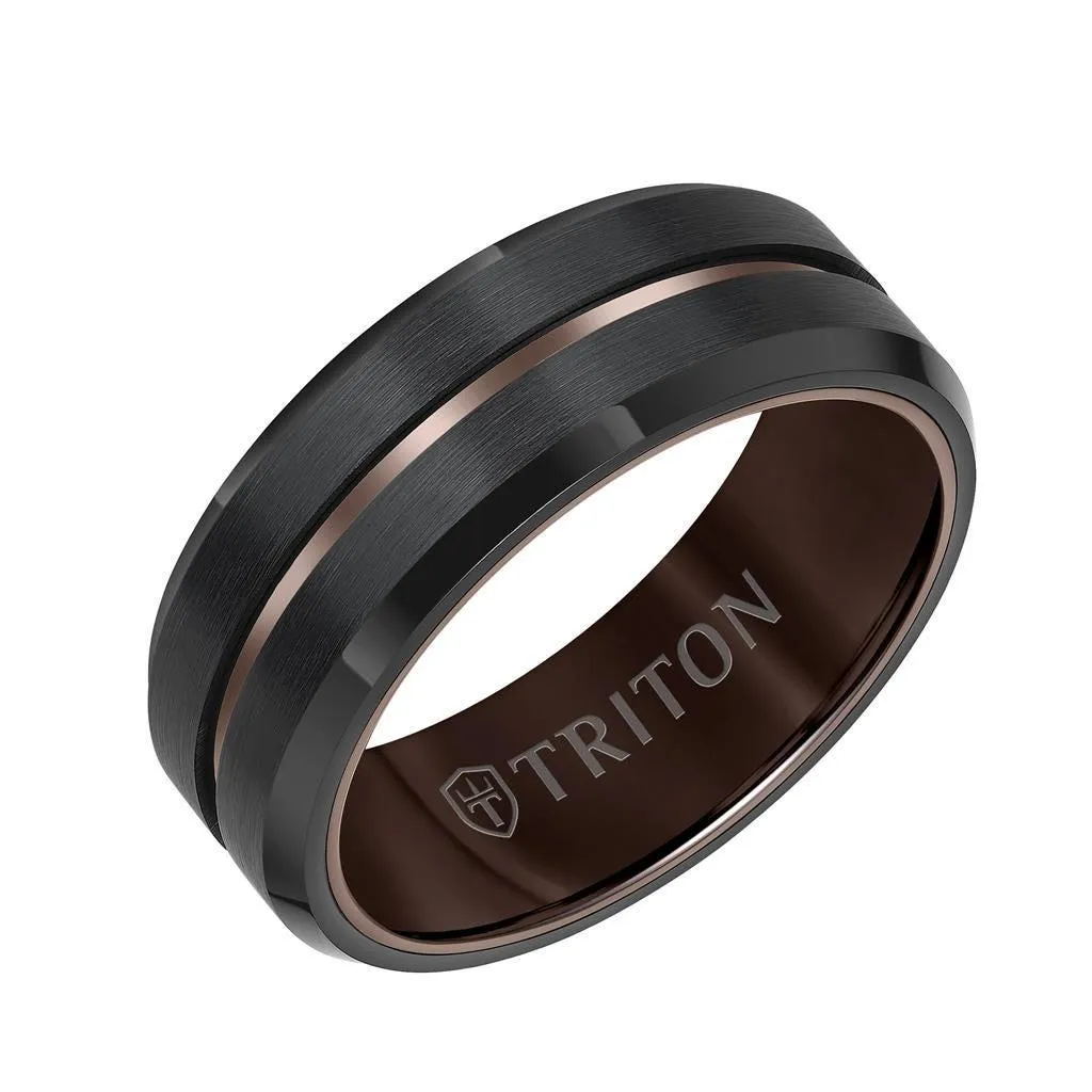 OREN 8MM Brown and Black Tungsten Carbide Comfort Fit Ring - Satin Finish Center with Center Line