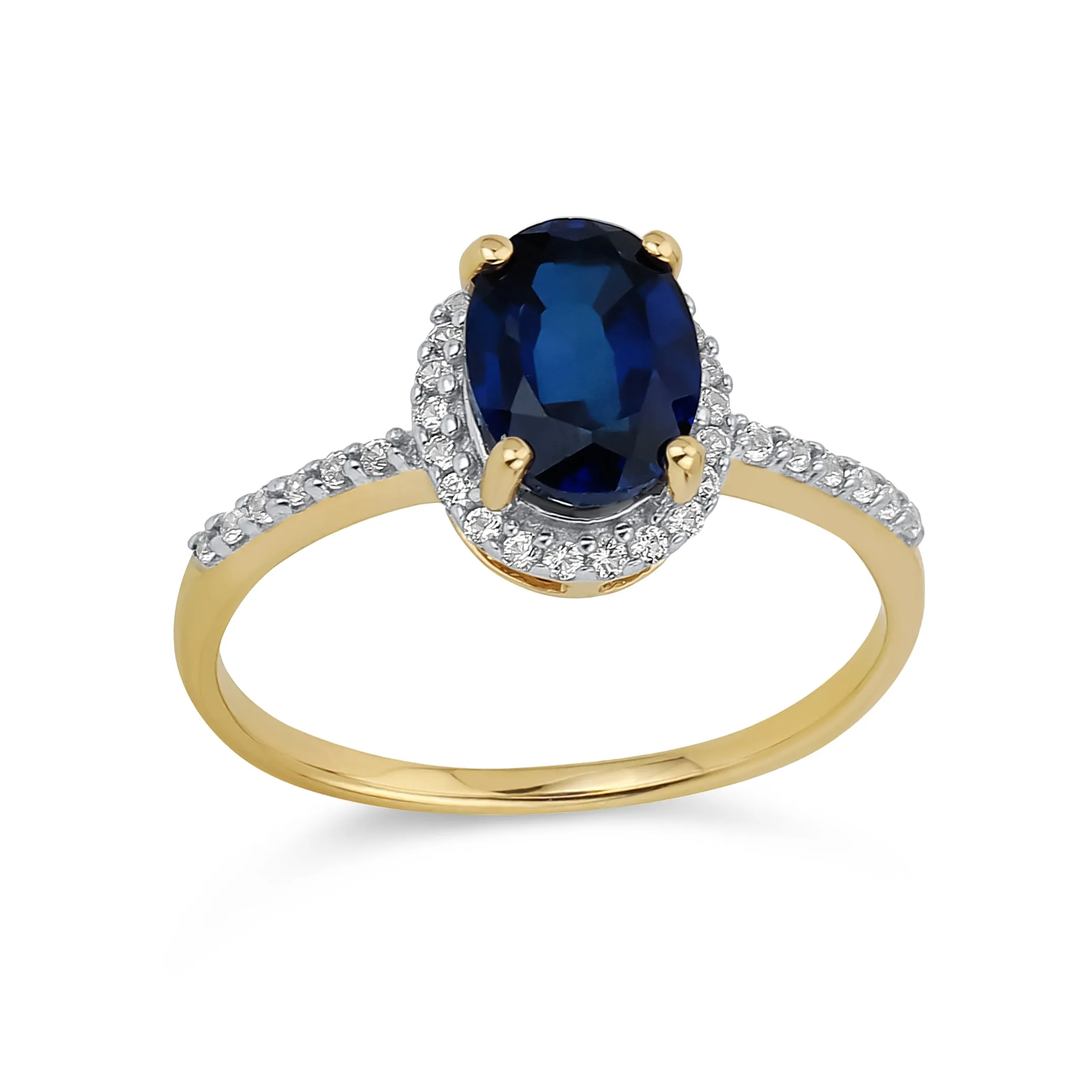 Petite 1.5CT Oval Gemstone Created White Blue Sapphire Halo Ring 10K Yellow Gold