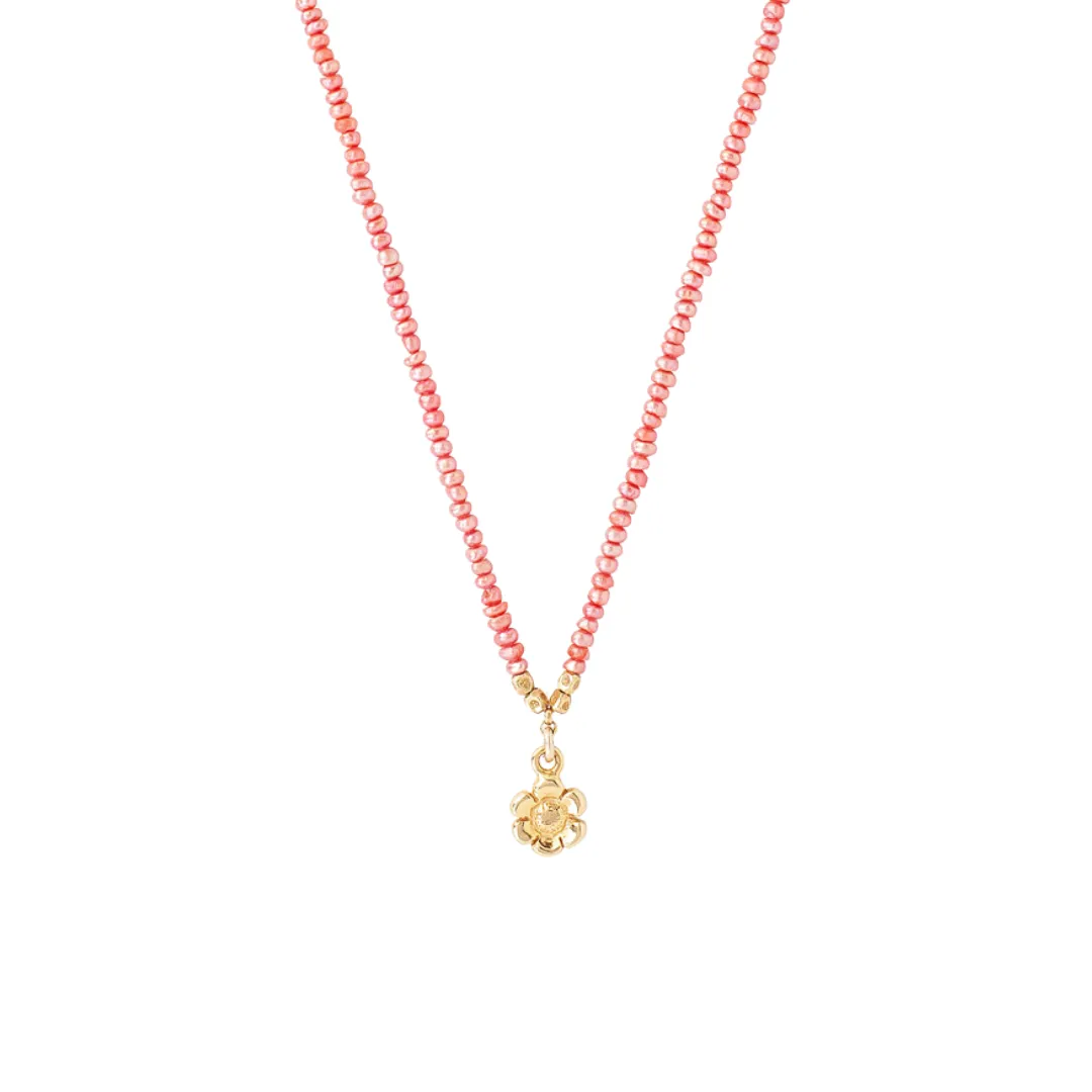 Pink Pearl Necklace with A Flower Charm