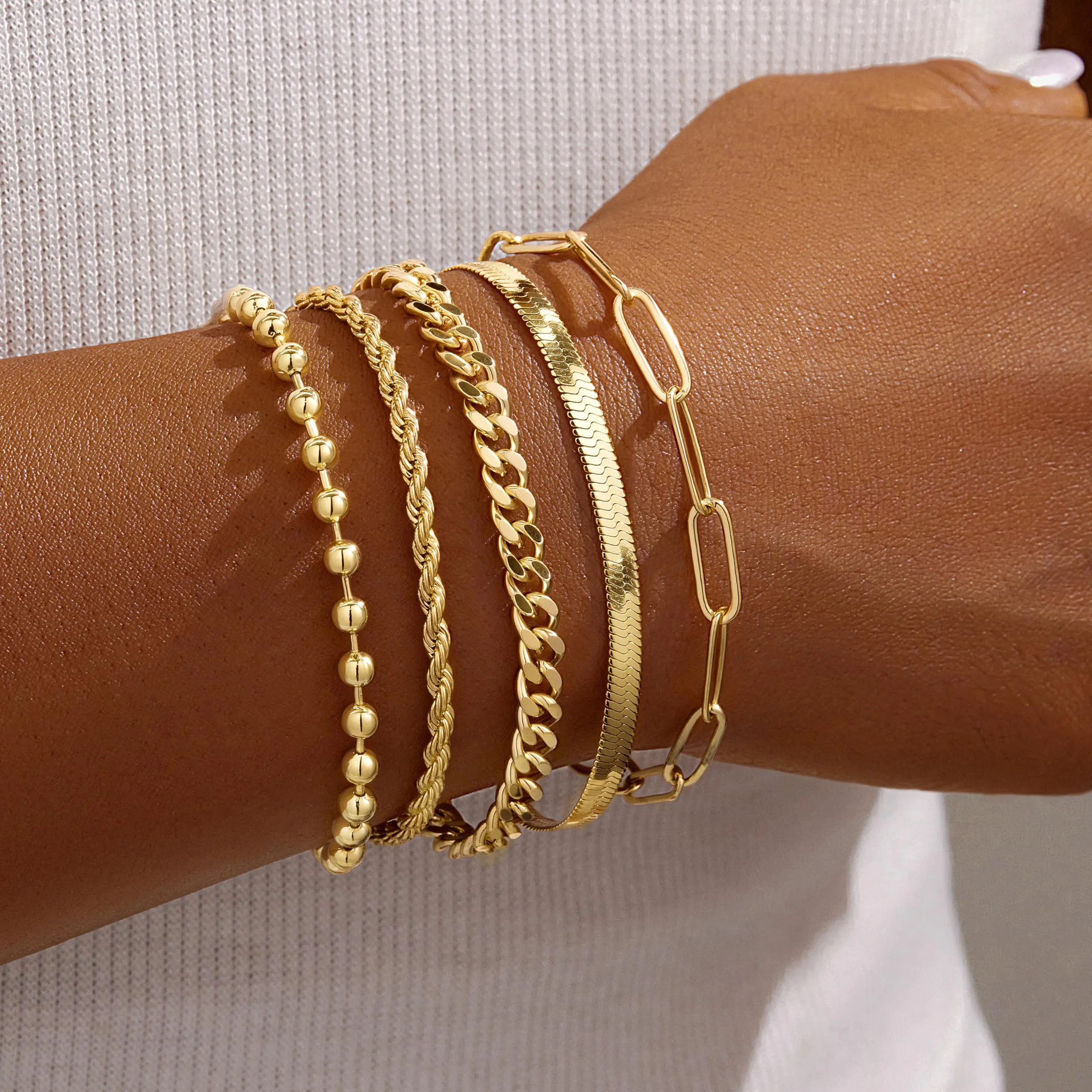 Poxtex Gold Bracelets for Women, 14K Gold Dainty Jewelry Sets for Women Trendy, Gold Stackable Waterproof Bracelets Inclued Beaded, Cuban, Paperclip, Herringbone, Rope, Fashion Jewelry Gifts for Women Christmas