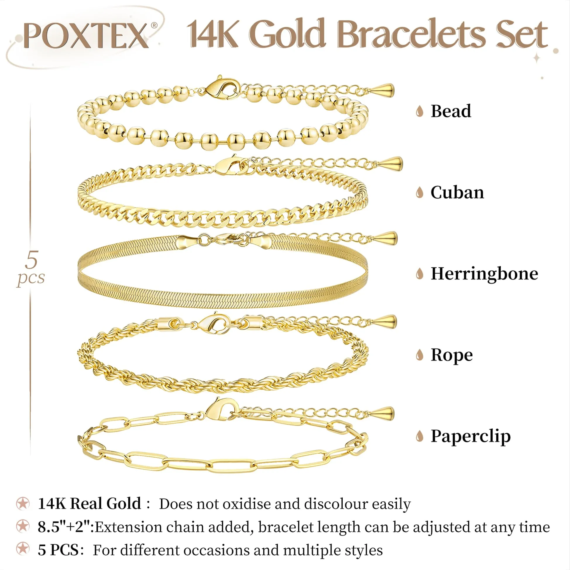 Poxtex Gold Bracelets for Women, 14K Gold Dainty Jewelry Sets for Women Trendy, Gold Stackable Waterproof Bracelets Inclued Beaded, Cuban, Paperclip, Herringbone, Rope, Fashion Jewelry Gifts for Women Christmas