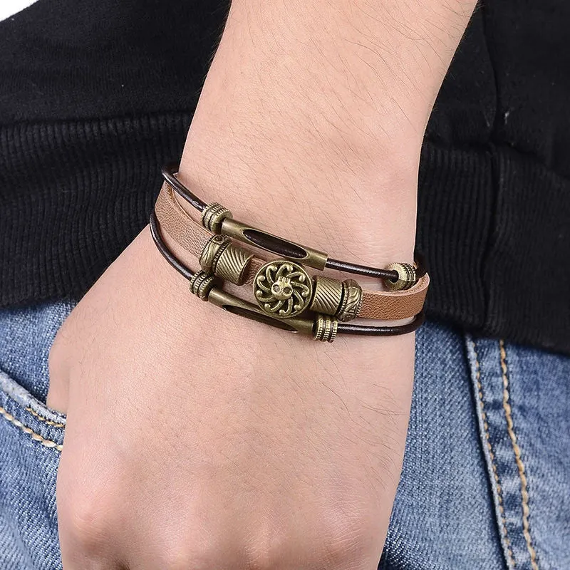 Punk Style Pulseras Fashion Men Jewelry Vintage Skull Maya Multilayer Charm Leather Bracelets & Bangles For Men Bracelet Wristband