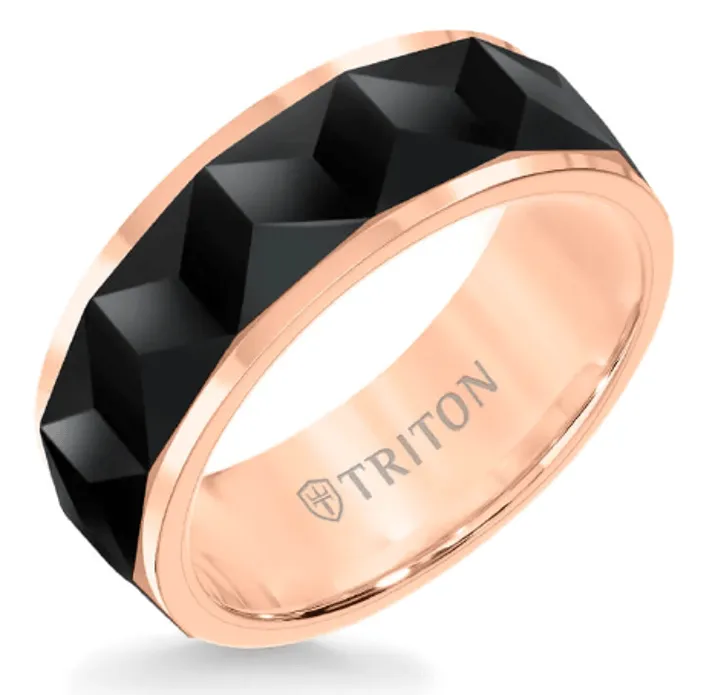 ROOSEVELT 8MM Black & Rose Tungsten Carbide Comfort Fit Ring - Faceted Chevron Pattern and Bevel Edge