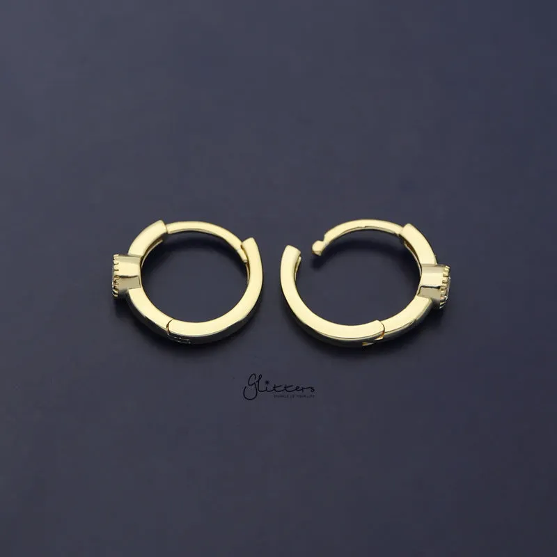 Round C.Z Centred Sterling Silver One-Touch Huggie Hoop Earring - Gold