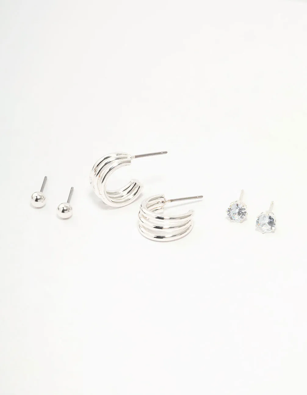 Silver Diamante Triple Hoop Stud Earrings 3-Pack