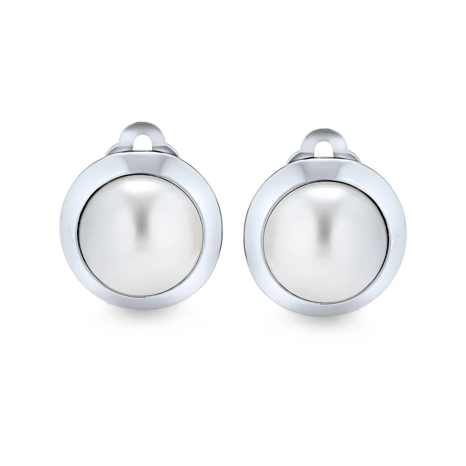 Simple Button Style Round Dome Bezel Pearl Clip-On Earrings Silver Plated Brass