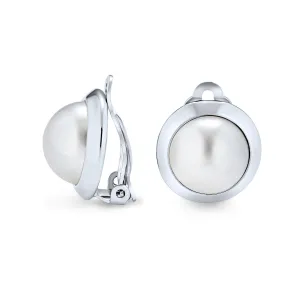 Simple Button Style Round Dome Bezel Pearl Clip-On Earrings Silver Plated Brass