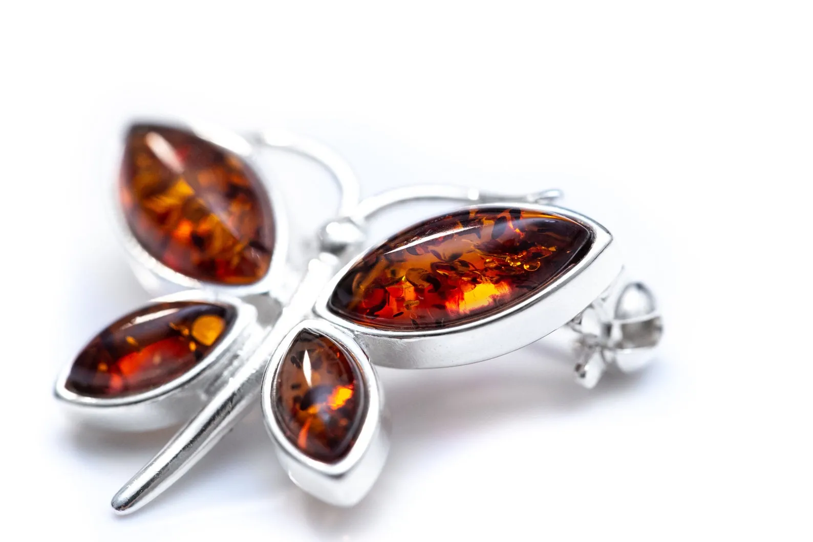 Small Amber Butterfly Brooch - Sterling Silver Frame, Cognac Amber, 25mm x 20mm