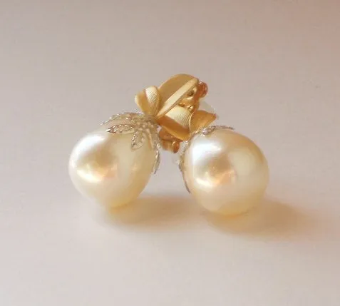 Solid Shell Pearl Gold Post Leaf Silver Bead Cap Post Earrings, Serenity