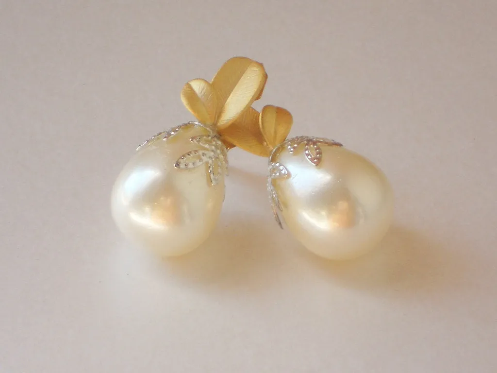 Solid Shell Pearl Gold Post Leaf Silver Bead Cap Post Earrings, Serenity