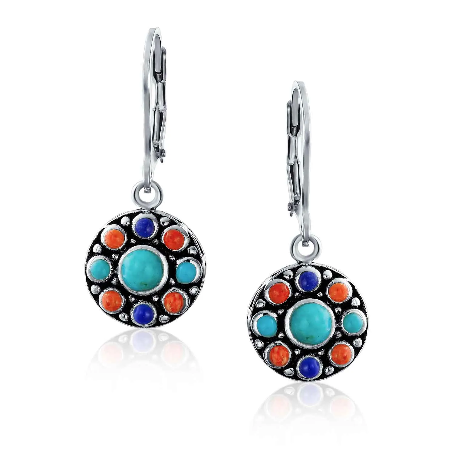 Southwestern Dangle Gemstone Earrings with Lapis Turquoise and Coral in Silver