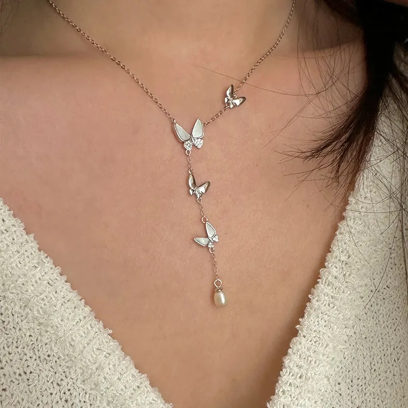 Sterling Silver Elegant Diamond Butterfly Pearl Necklaces