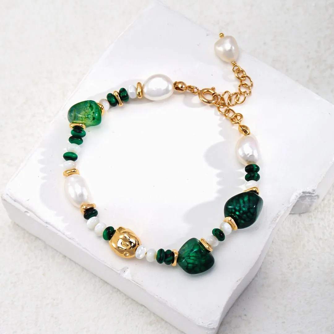 The Multielement Bracelet Featuring Malachite Pearls and Green Onyx