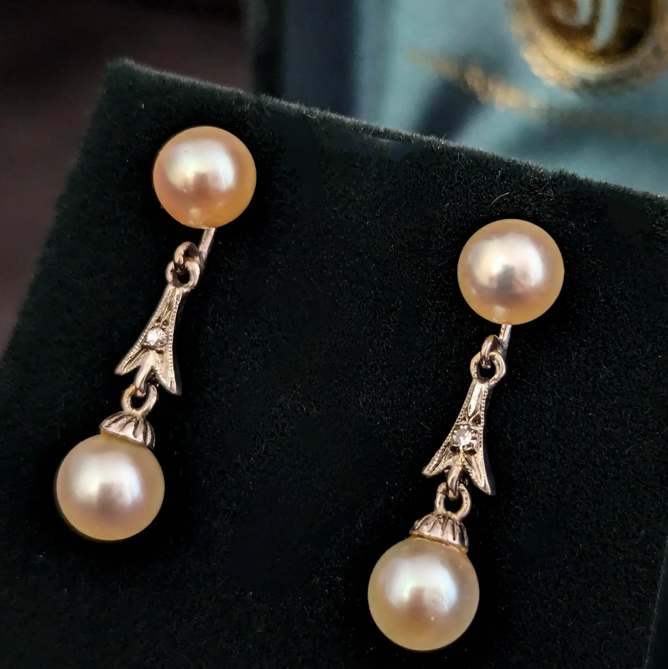 The Windham - Vintage Pearl Diamond White Gold Drop Earrings