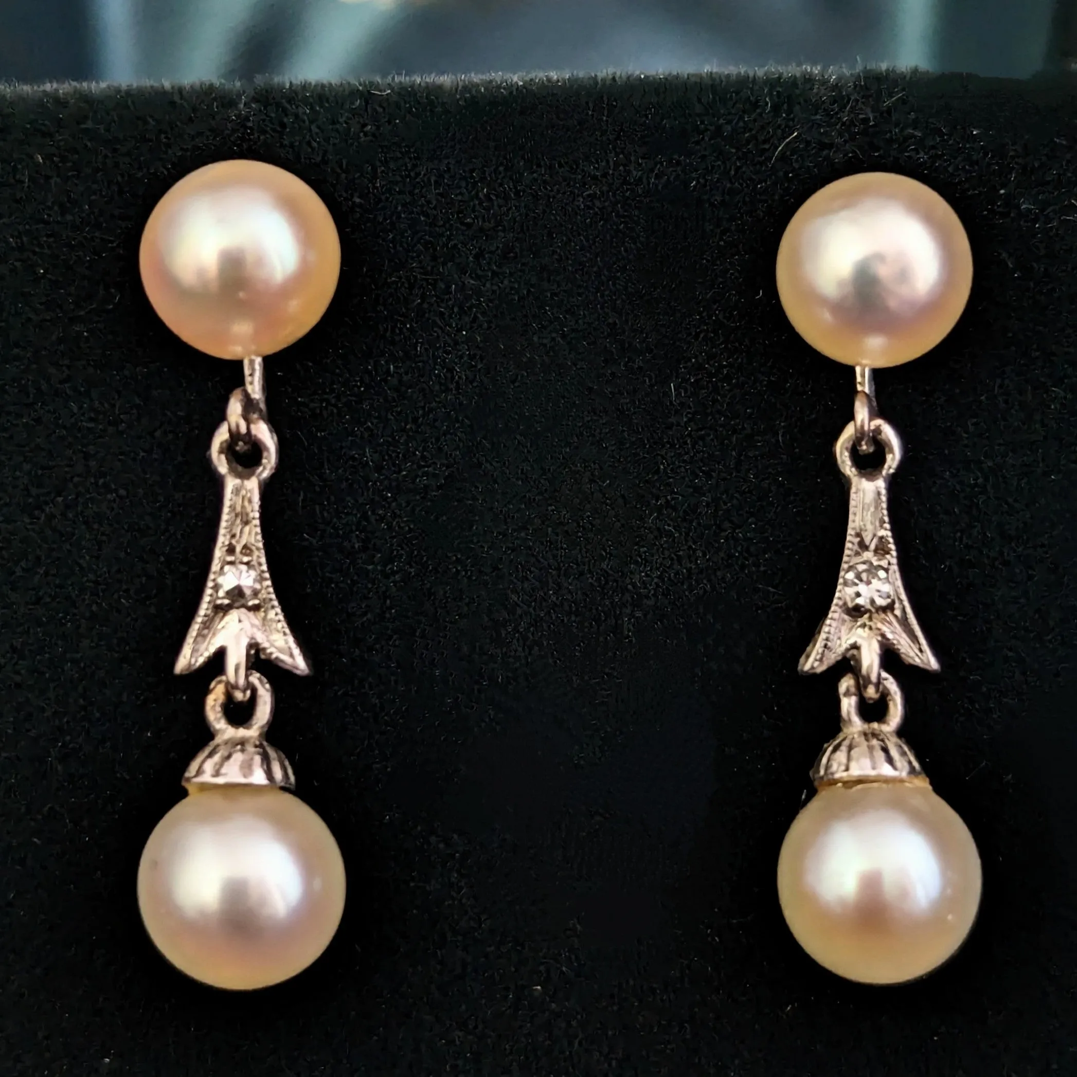 The Windham - Vintage Pearl Diamond White Gold Drop Earrings