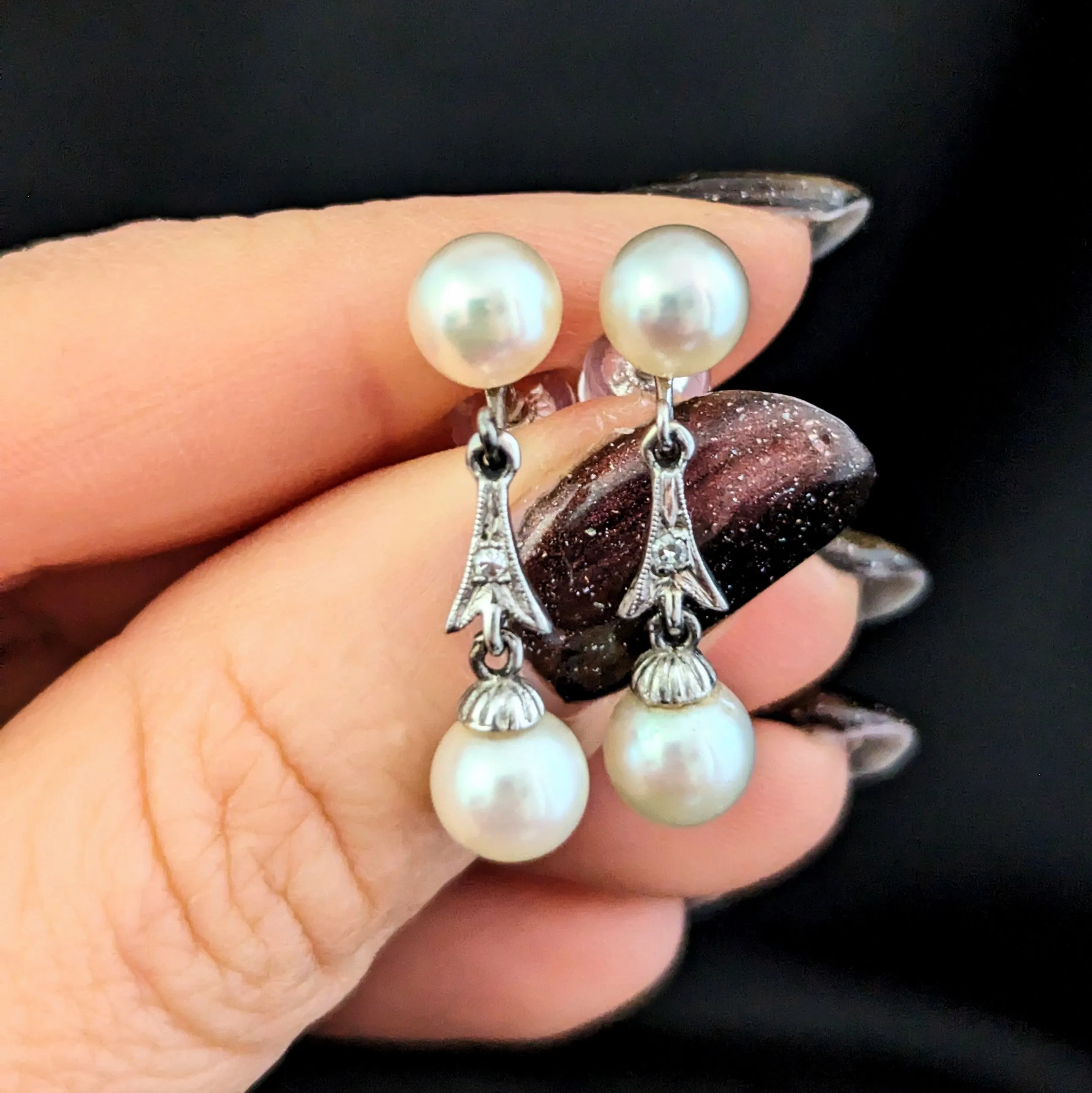 The Windham - Vintage Pearl Diamond White Gold Drop Earrings