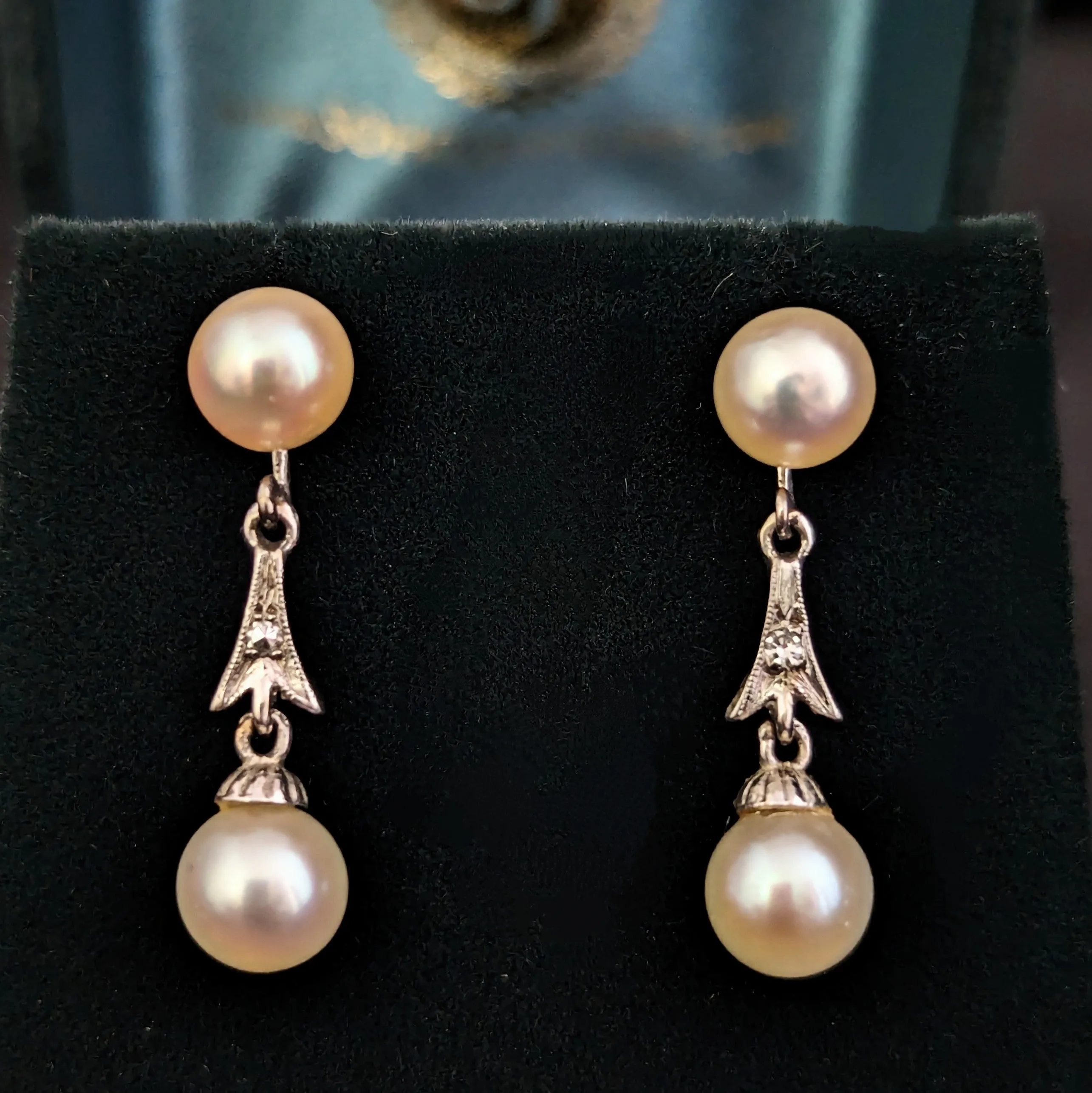 The Windham - Vintage Pearl Diamond White Gold Drop Earrings