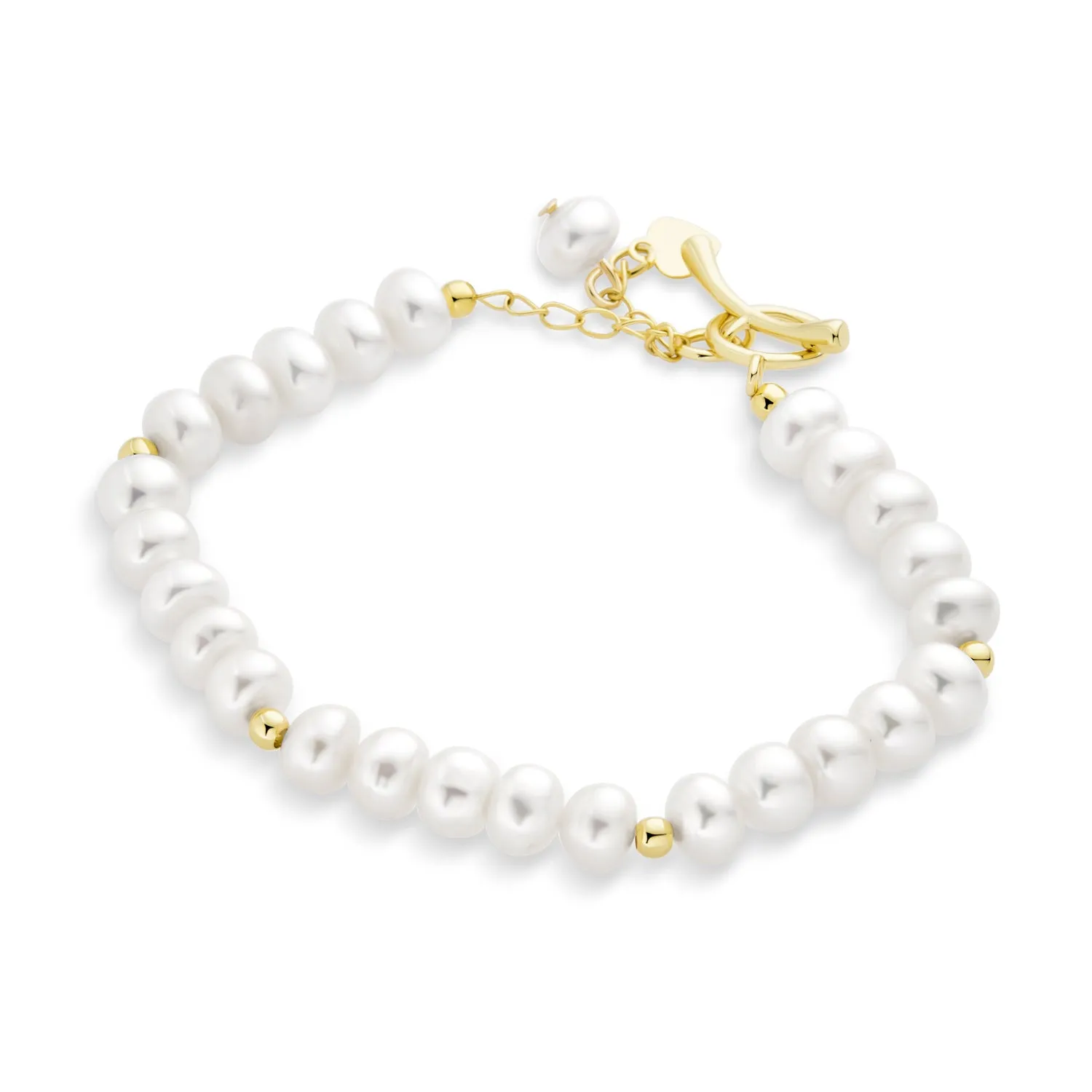 Traditional Bridal 5MM White Freshwater Pearl Strand Bracelet with Gold Beads 7"