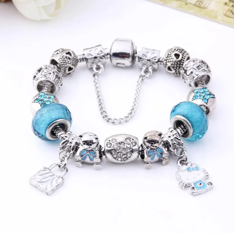 Valentine's Gift Murano Glass&Crystal Bead Fit Original Kitty Charm Bracelets Bangles For Women Girls Lovely Fine Jewelry