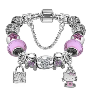 Valentine's Gift Murano Glass&Crystal Bead Fit Original Kitty Charm Bracelets Bangles For Women Girls Lovely Fine Jewelry