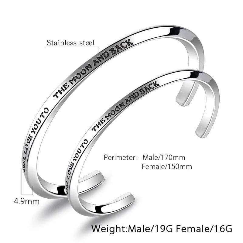 V.YA Fashion"I LOVE YOU TO THE MOON AND BACK"Open Cuff Bracelets For Women & Men Stainless Steel Silver Bracelets For Lover Gift