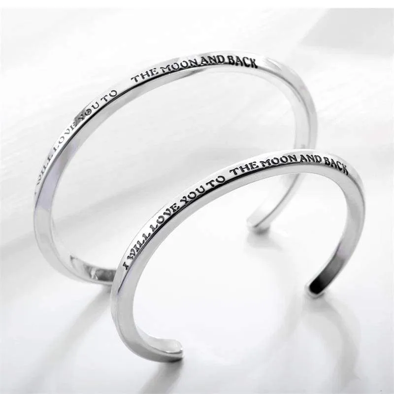 V.YA Fashion"I LOVE YOU TO THE MOON AND BACK"Open Cuff Bracelets For Women & Men Stainless Steel Silver Bracelets For Lover Gift