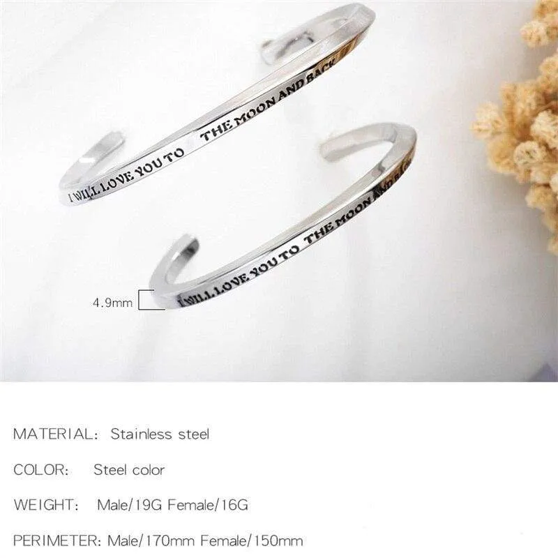 V.YA Fashion"I LOVE YOU TO THE MOON AND BACK"Open Cuff Bracelets For Women & Men Stainless Steel Silver Bracelets For Lover Gift