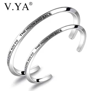 V.YA Fashion"I LOVE YOU TO THE MOON AND BACK"Open Cuff Bracelets For Women & Men Stainless Steel Silver Bracelets For Lover Gift