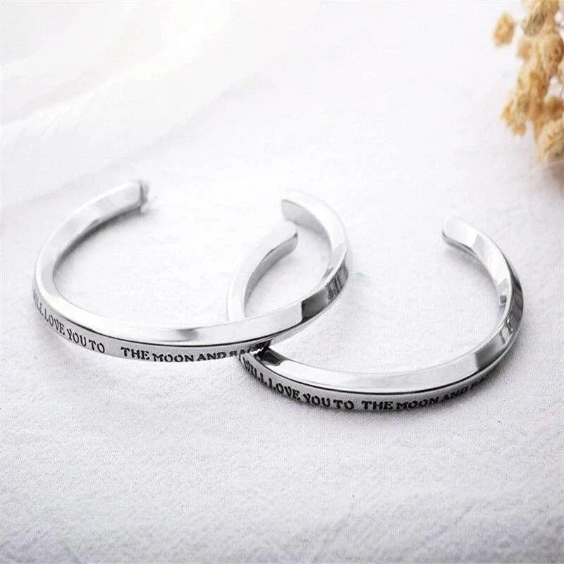 V.YA Fashion"I LOVE YOU TO THE MOON AND BACK"Open Cuff Bracelets For Women & Men Stainless Steel Silver Bracelets For Lover Gift