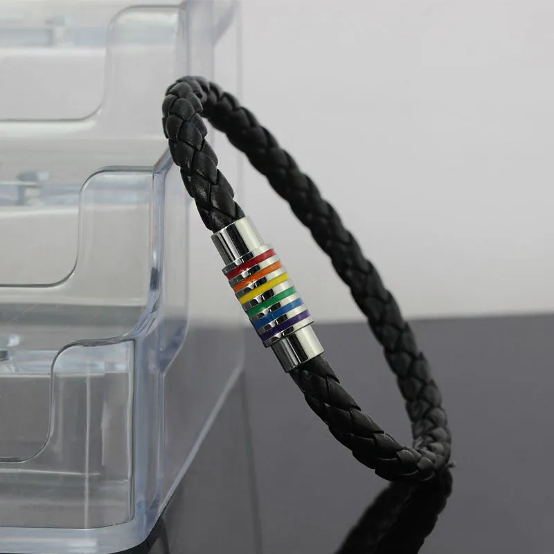 Woman Men Rainbow Braided PU Leather Bracelets Titanium Steel Magnet LGBT Pride Charm Weave Bangle Plaited Jewelry