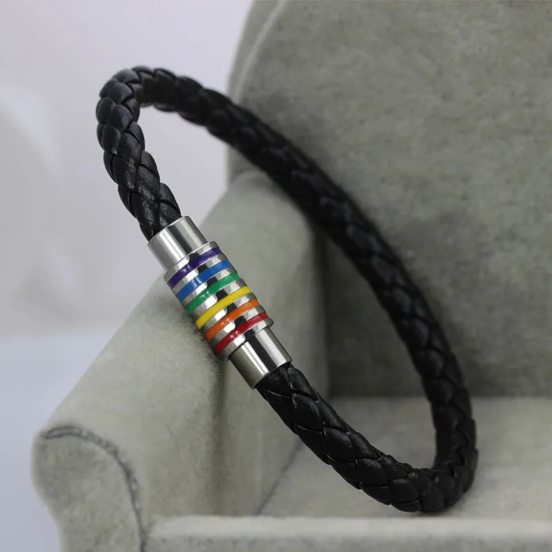 Woman Men Rainbow Braided PU Leather Bracelets Titanium Steel Magnet LGBT Pride Charm Weave Bangle Plaited Jewelry