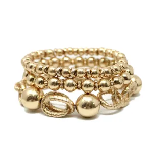 Worn Gold Linked Chain and Beaded Set of 3 Stretch Bracelets