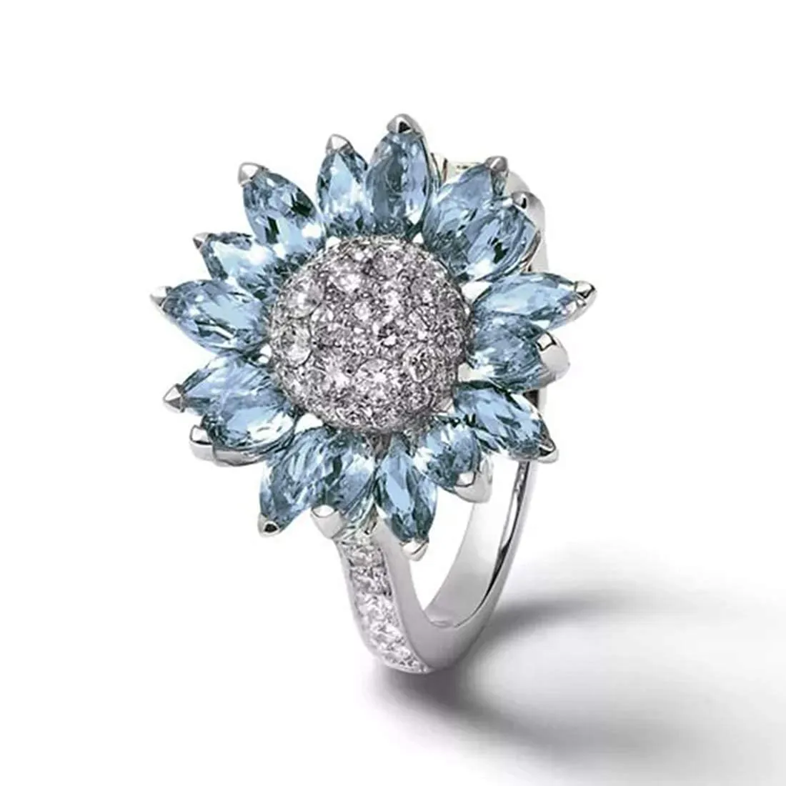 Yellow Chimes Rings for Women Floral Rings Aquamarine Blue Crystal Sunflower Shaped Silver Plated Rings for Women and Girl's.